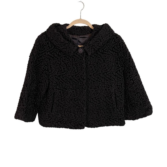 Women's Black Curly Lamb Wool Snap Button Winter Long Sleeve Lined Warm Coat M/L - Picture 1 of 9